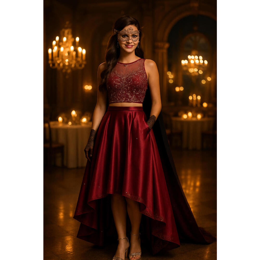 Masquerade Enchantress Costume  Burgundy Satin Ball Gown  Gold Embroidery SZ 3/4